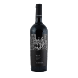 A bottle of ETERNA ROMA ROSSO DOC RISERVA wine. This powerful Italian red wine is a blend of Montepulciano and Shiraz, aged extensively in both French oak barriques and large barrels. The label features a Roman Baccanale scene. This reserve wine is perfect with red meat and aged cheese. Product of Italy.