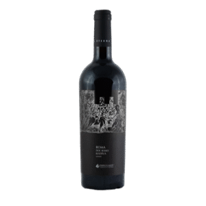A bottle of ETERNA ROMA ROSSO DOC RISERVA wine. This powerful Italian red wine is a blend of Montepulciano and Shiraz, aged extensively in both French oak barriques and large barrels. The label features a Roman Baccanale scene. This reserve wine is perfect with red meat and aged cheese. Product of Italy.