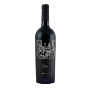 A bottle of ETERNA ROMA ROSSO DOC RISERVA wine. This powerful Italian red wine is a blend of Montepulciano and Shiraz, aged extensively in both French oak barriques and large barrels. The label features a Roman Baccanale scene. This reserve wine is perfect with red meat and aged cheese. Product of Italy.