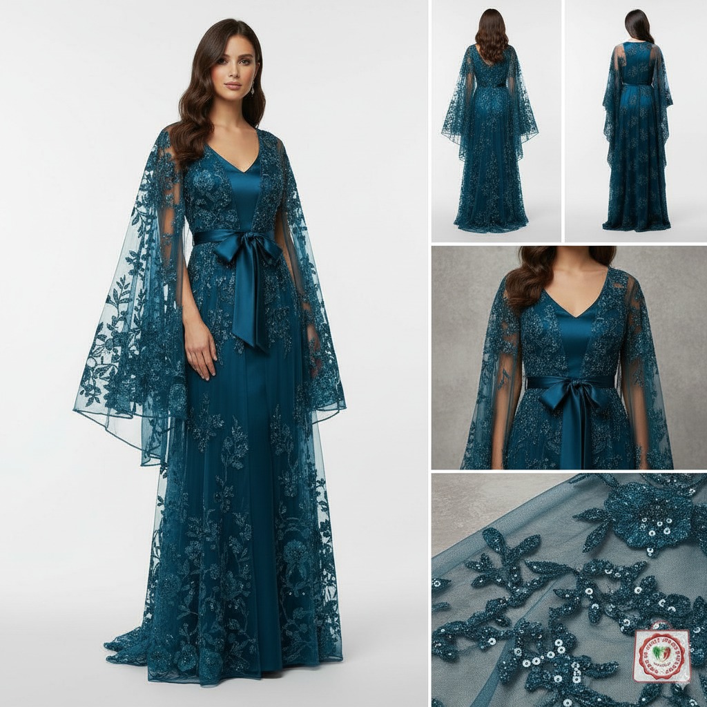 Close up ofpetrol-colored tulle evening gown, _20AM Close up ofpetrol-colored tulle evening gown, _20AM