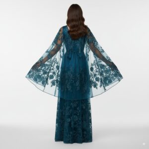 An enchanting petrol-colored tulle evening gown, adorned with floral embroidery An enchanting petrol-colored tulle evening gown, adorned with floral embroidery