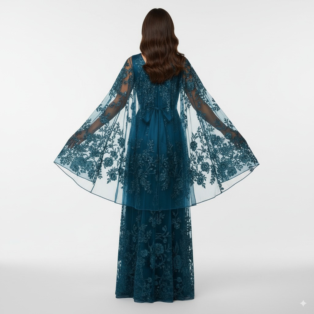 An enchanting petrol-colored tulle evening gown, adorned with floral embroidery An enchanting petrol-colored tulle evening gown, adorned with floral embroidery