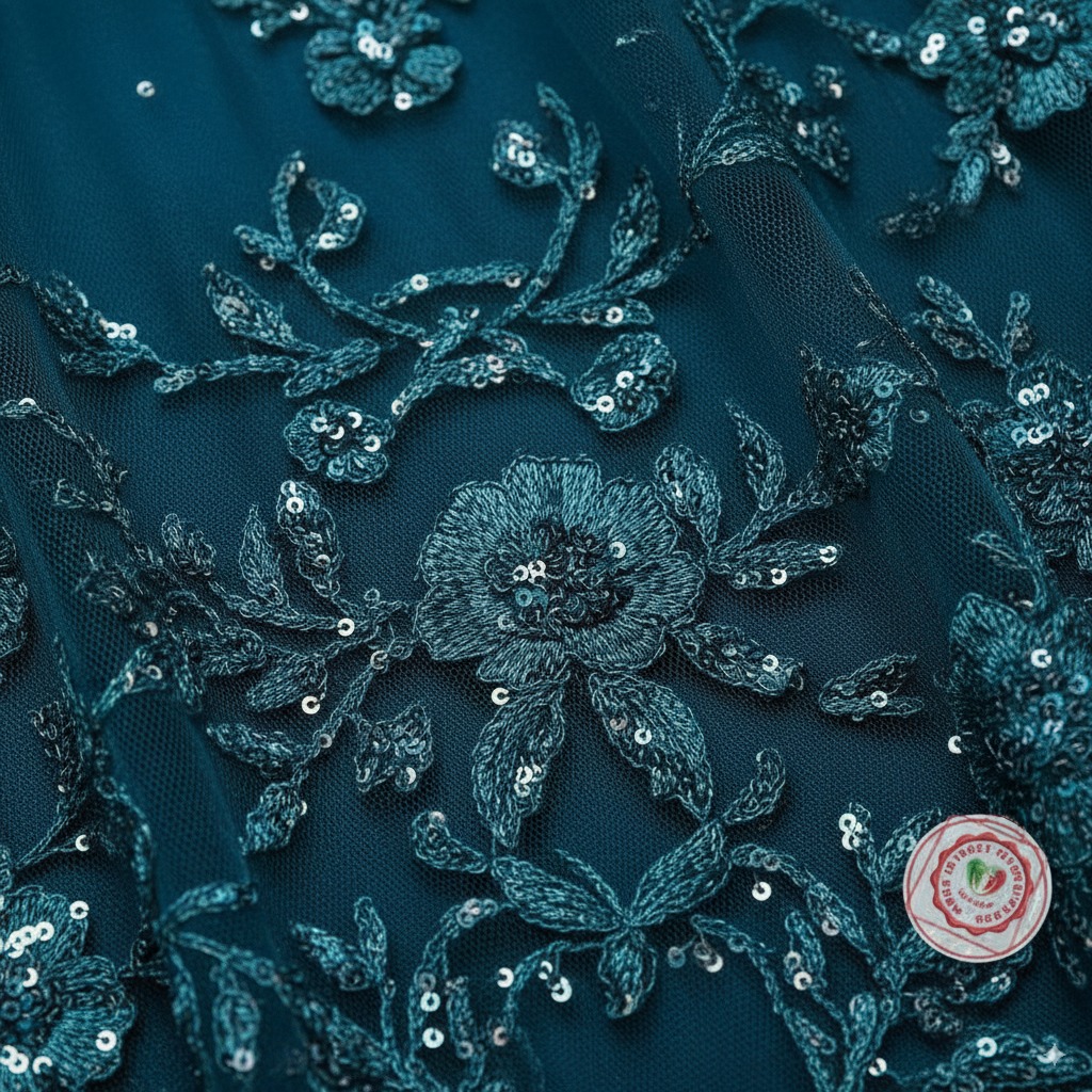 Close up ofpetrol-colored tulle evening gown, _20AM Close up ofpetrol-colored tulle evening gown, _20AM