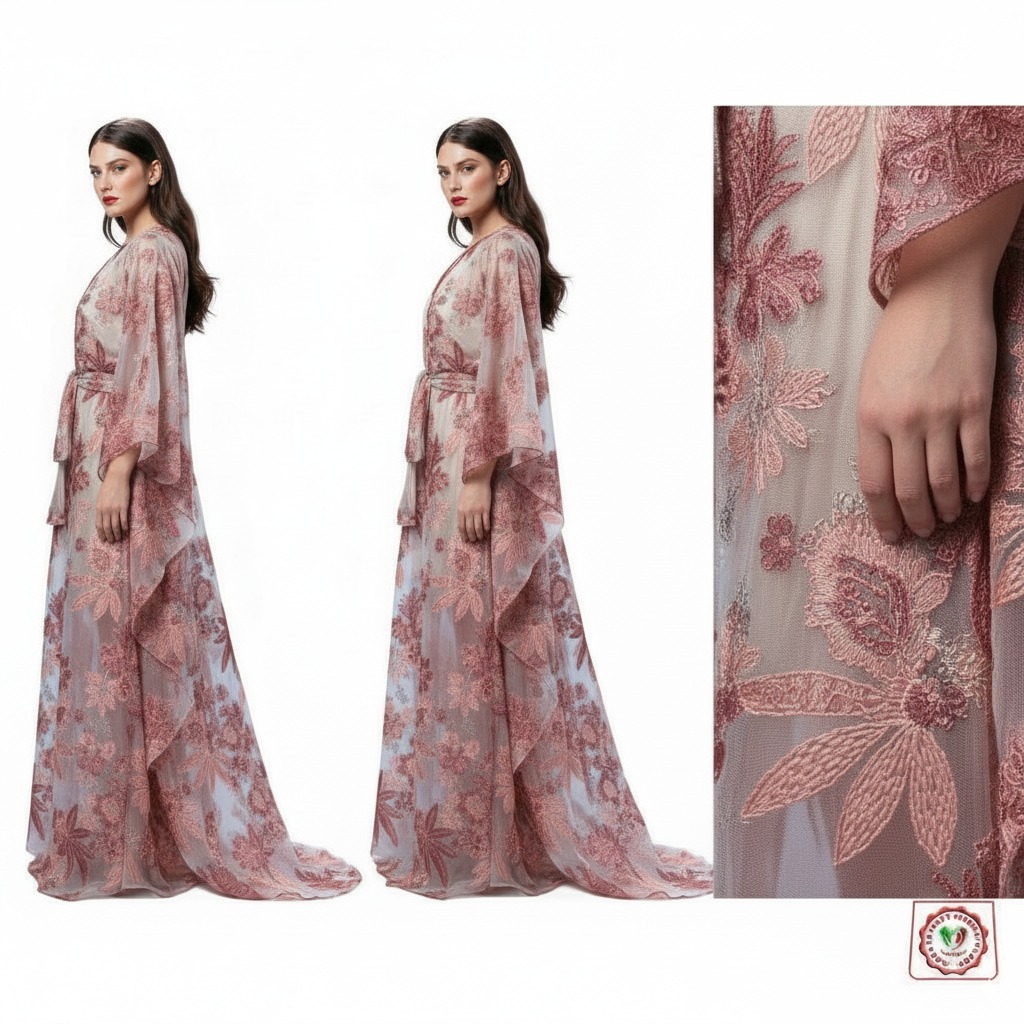 long kaftan in sheer, delicate fabric, adorned with intricate floral embroidery in soft pink and ivory tones long kaftan in sheer, delicate fabric, adorned with intricate floral embroidery in soft pink and ivory tones
