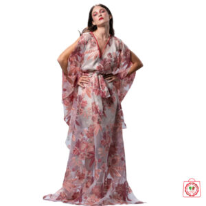long kaftan in sheer, delicate fabric, adorned with intricate floral embroidery in soft pink and ivory tones long kaftan in sheer, delicate fabric, adorned with intricate floral embroidery in soft pink and ivory tones