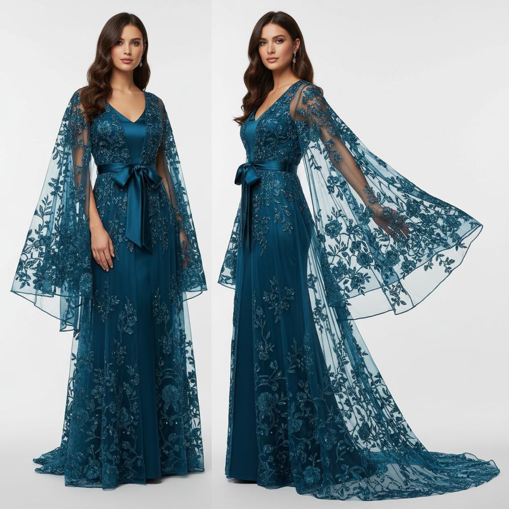 An enchanting petrol-colored tulle evening gown, adorned with floral embroidery An enchanting petrol-colored tulle evening gown, adorned with floral embroidery