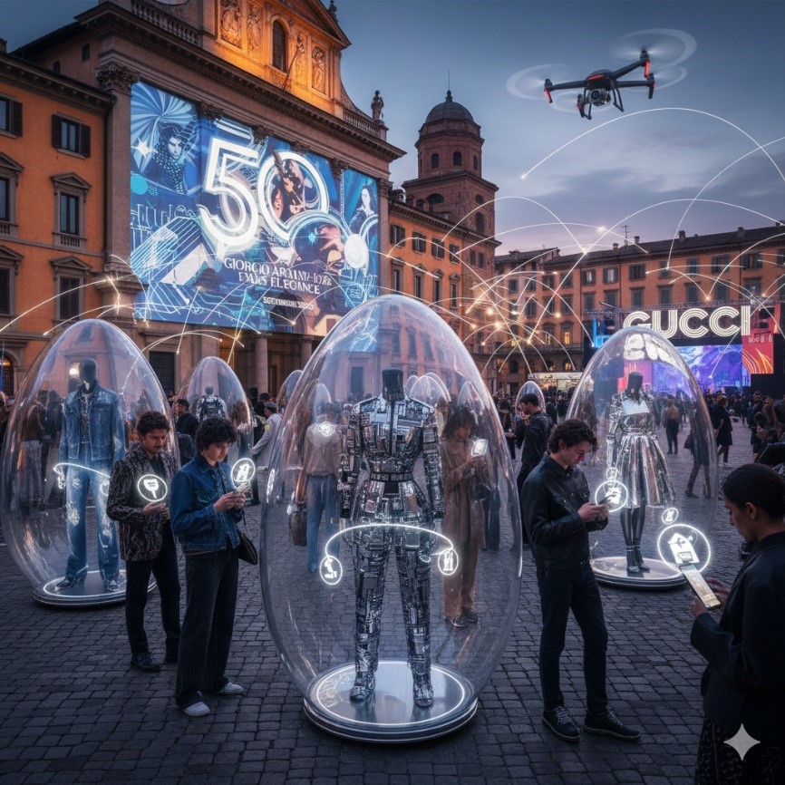 Milan Fashion Week September 2025, a Diesel event with new collection looks inside giant transparent eggs.