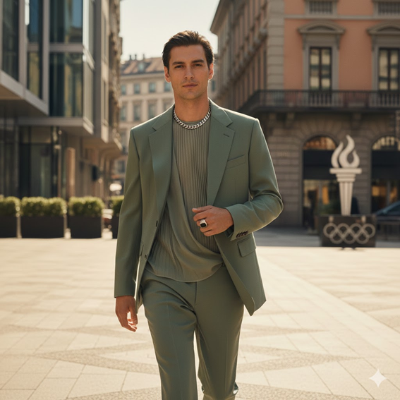 Sophisticated male model in a fluid Italian tailored suit, representing the Absolute Man at Milan Fashion Week 2026.